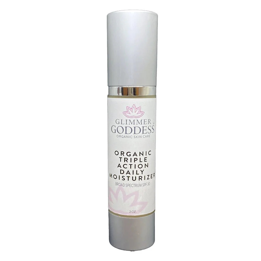 Organic daily face moisturizer with SPF 30 in a white tube with pump.