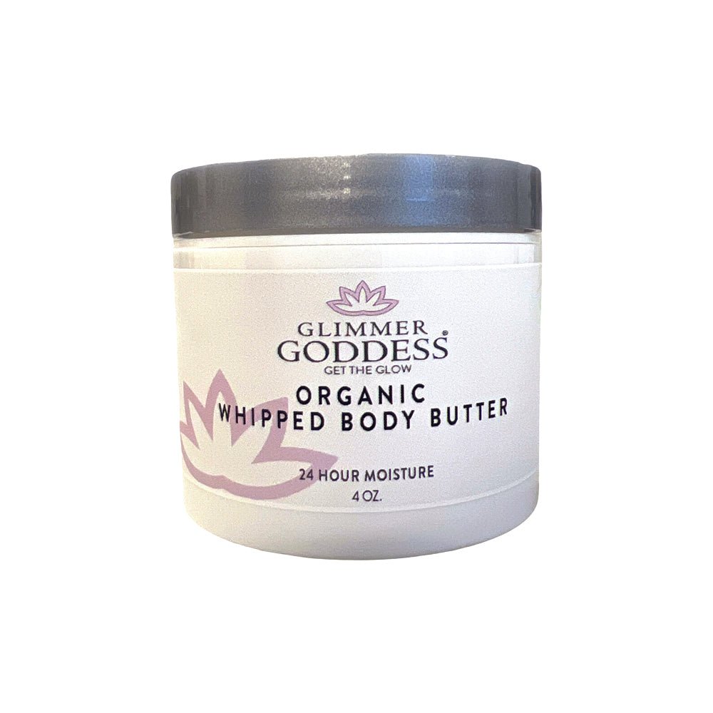 Organic whipped shea body butter in a 4 oz travel size jar with a creamy texture.