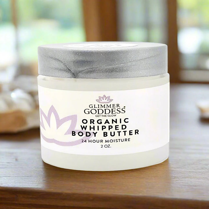 Organic whipped shea body butter in a 4 oz travel size jar.
