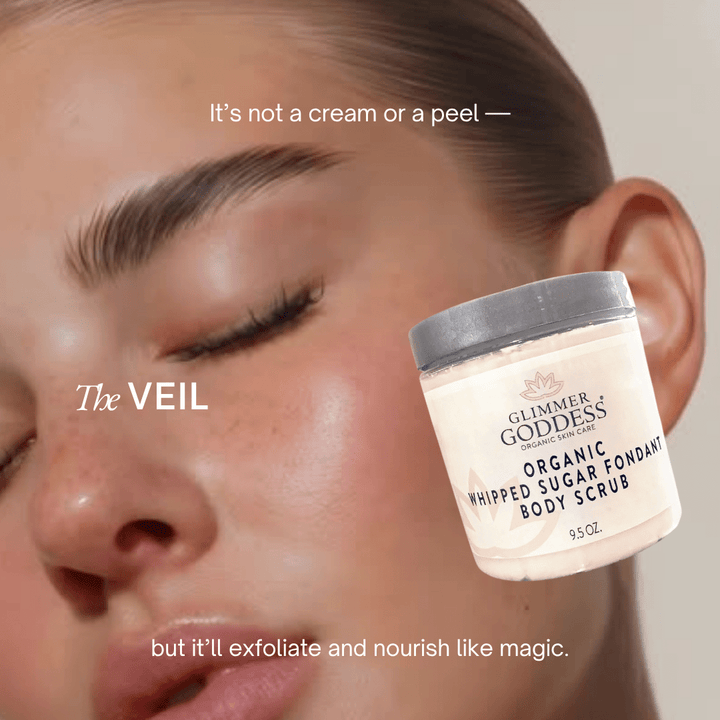 Organic whipped sugar body scrub, exfoliating cream with a creamy texture.
