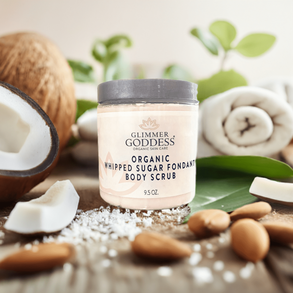 Organic whipped sugar body scrub with an exfoliating texture.