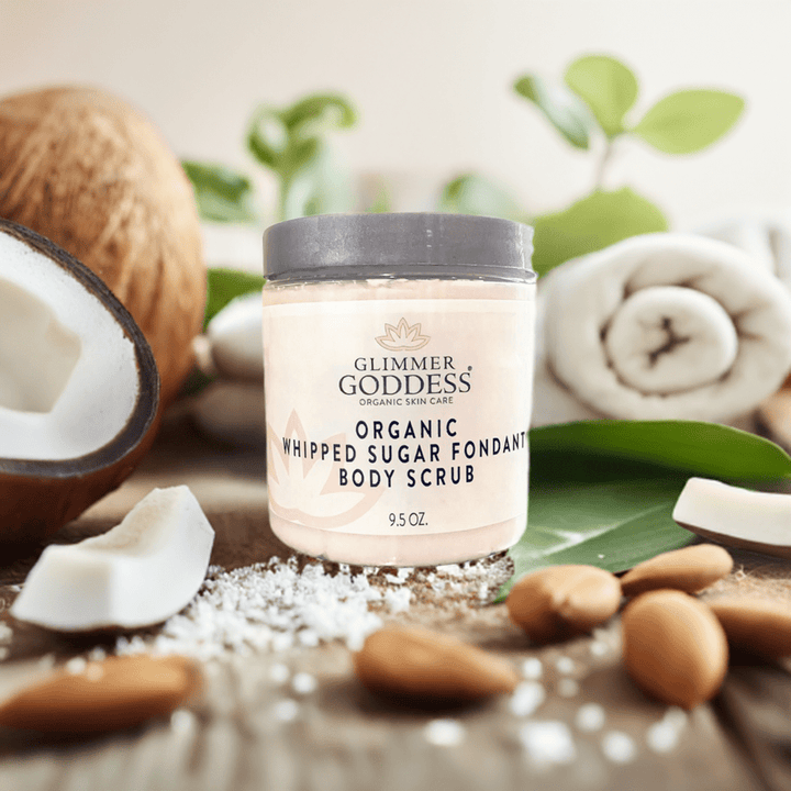 Organic whipped sugar body scrub with an exfoliating texture.