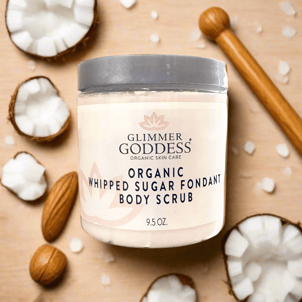 Organic whipped sugar body scrub with an exfoliating texture.