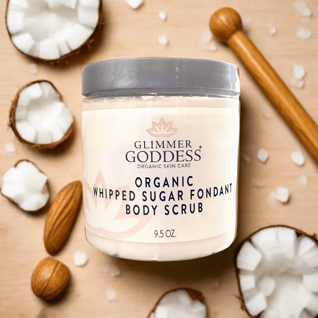 Organic whipped sugar body scrub with an exfoliating texture.