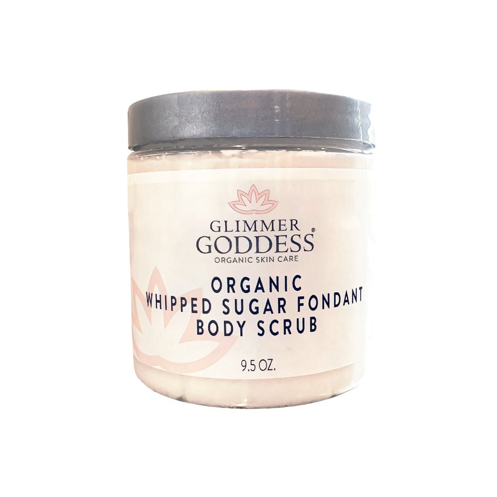 Organic whipped sugar body scrub for exfoliating, in a jar.