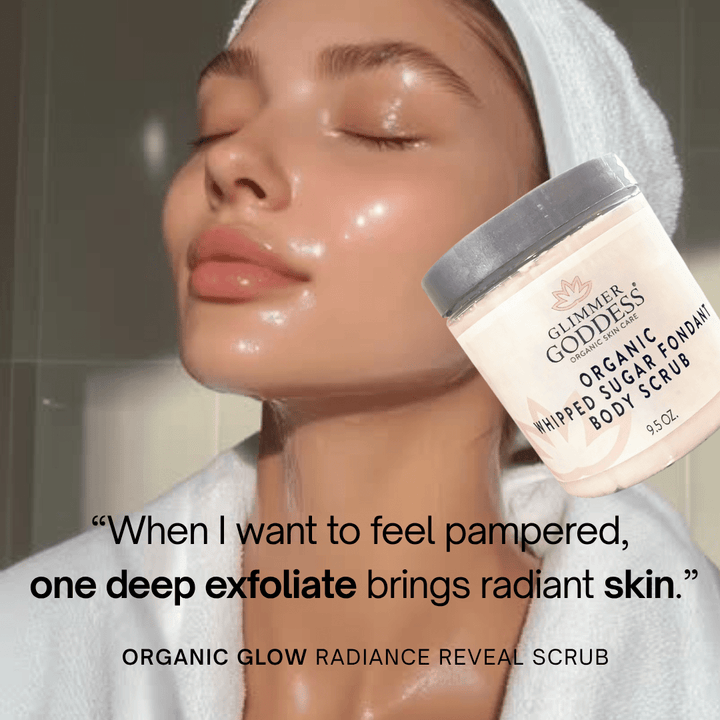 Organic whipped sugar body scrub for exfoliating and softening skin.