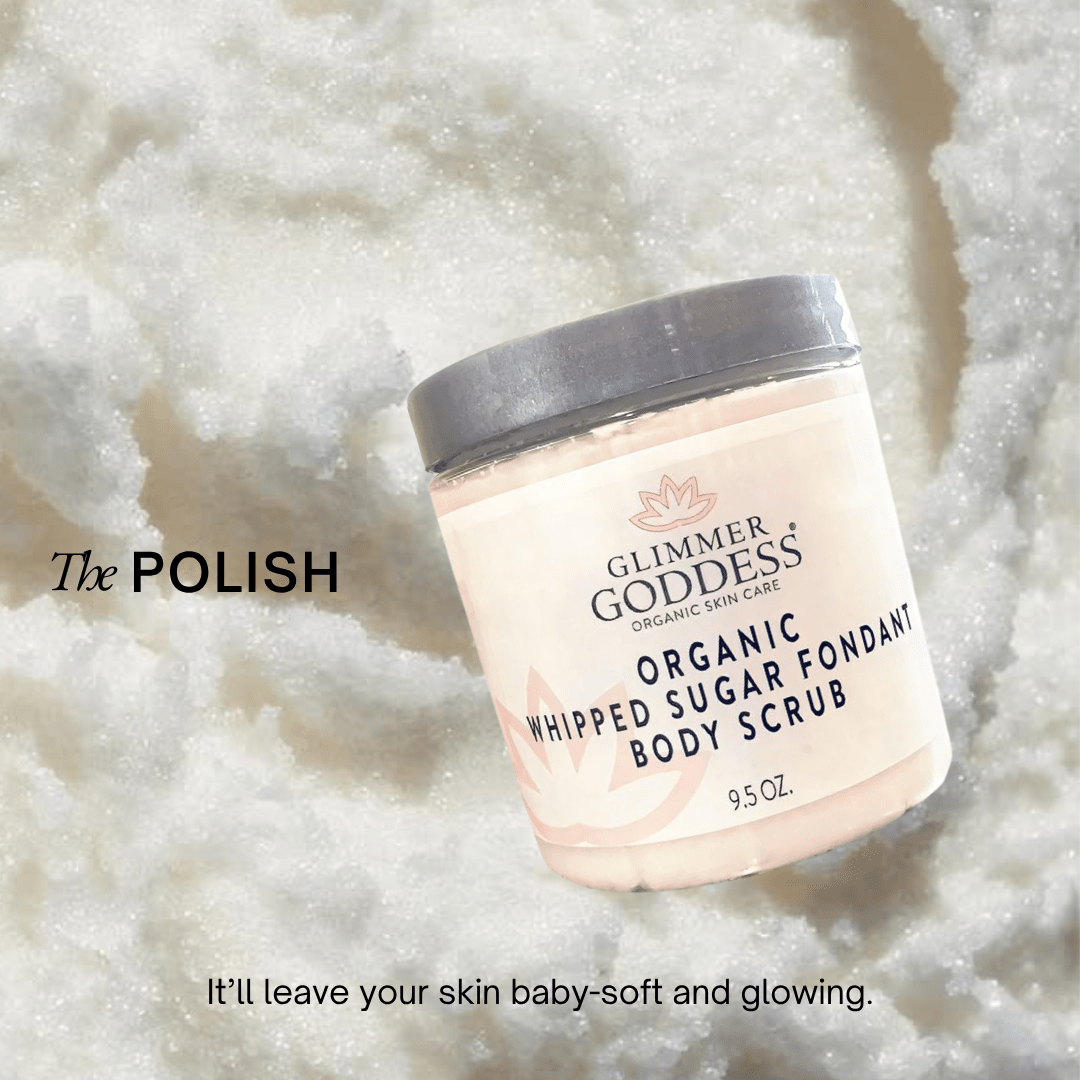 Organic whipped sugar body scrub with an exfoliating texture.
