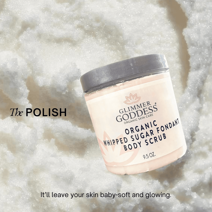 Organic whipped sugar body scrub with an exfoliating texture.