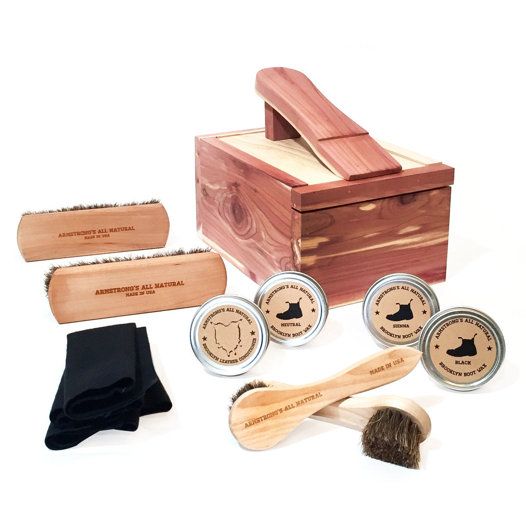 Shoe Shine Box complete kit with brushes, wax, and cloth for leather footwear.