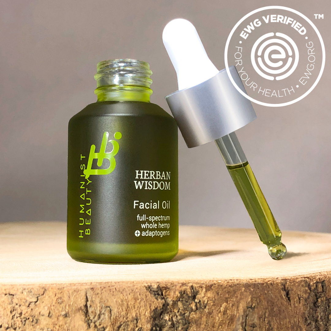 Herban Wisdom facial oil, full-size bottle with a glass dropper.