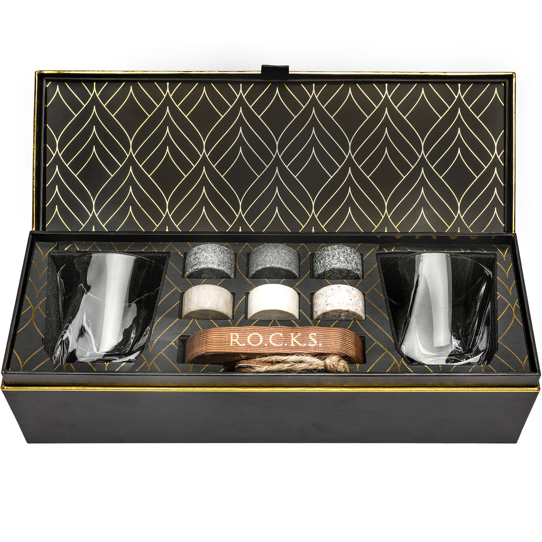 Whiskey chilling stones with a twist glass, drinkware and chilling accessories.