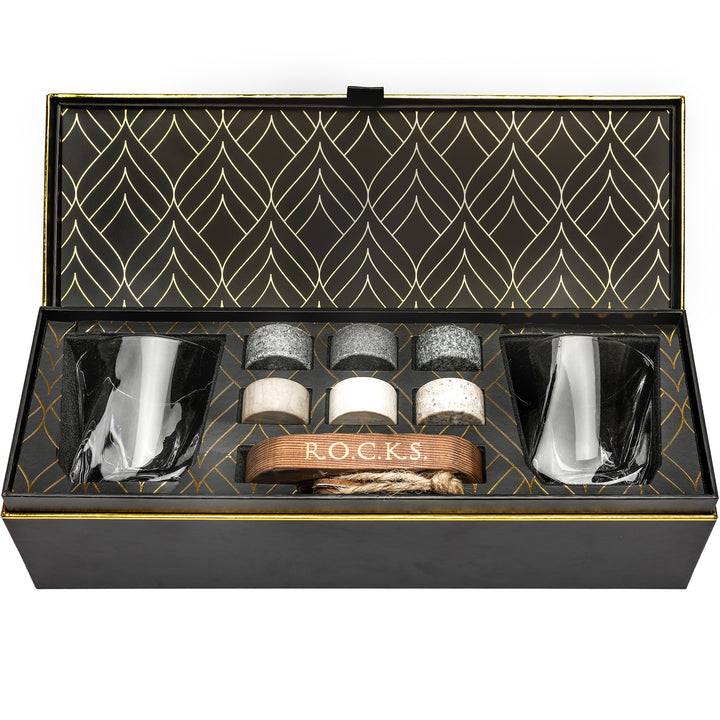 Whiskey chilling stones with a twist glass, drinkware and chilling accessories.