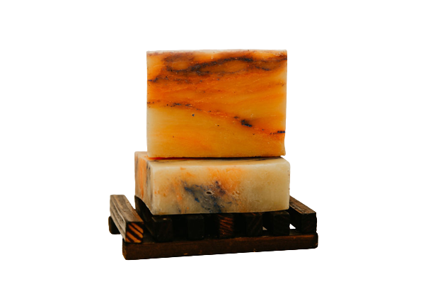 Lemon green tea soap bar, a natural vegan soap shown with lemon slices and green tea leaves.