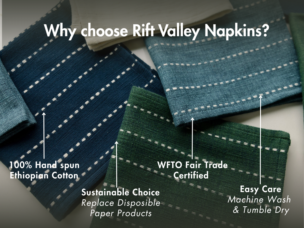 Napkins with key features: hand-spun Ethiopian cotton, WFTO Fair Trade, replaces disposable paper, machine washable