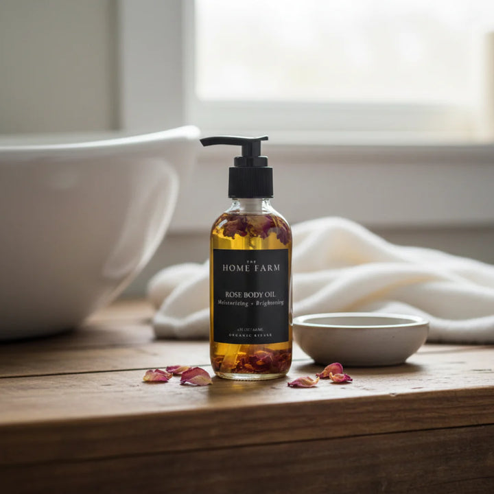 Organic rose body oil bottle with a dropper and elegant packaging.