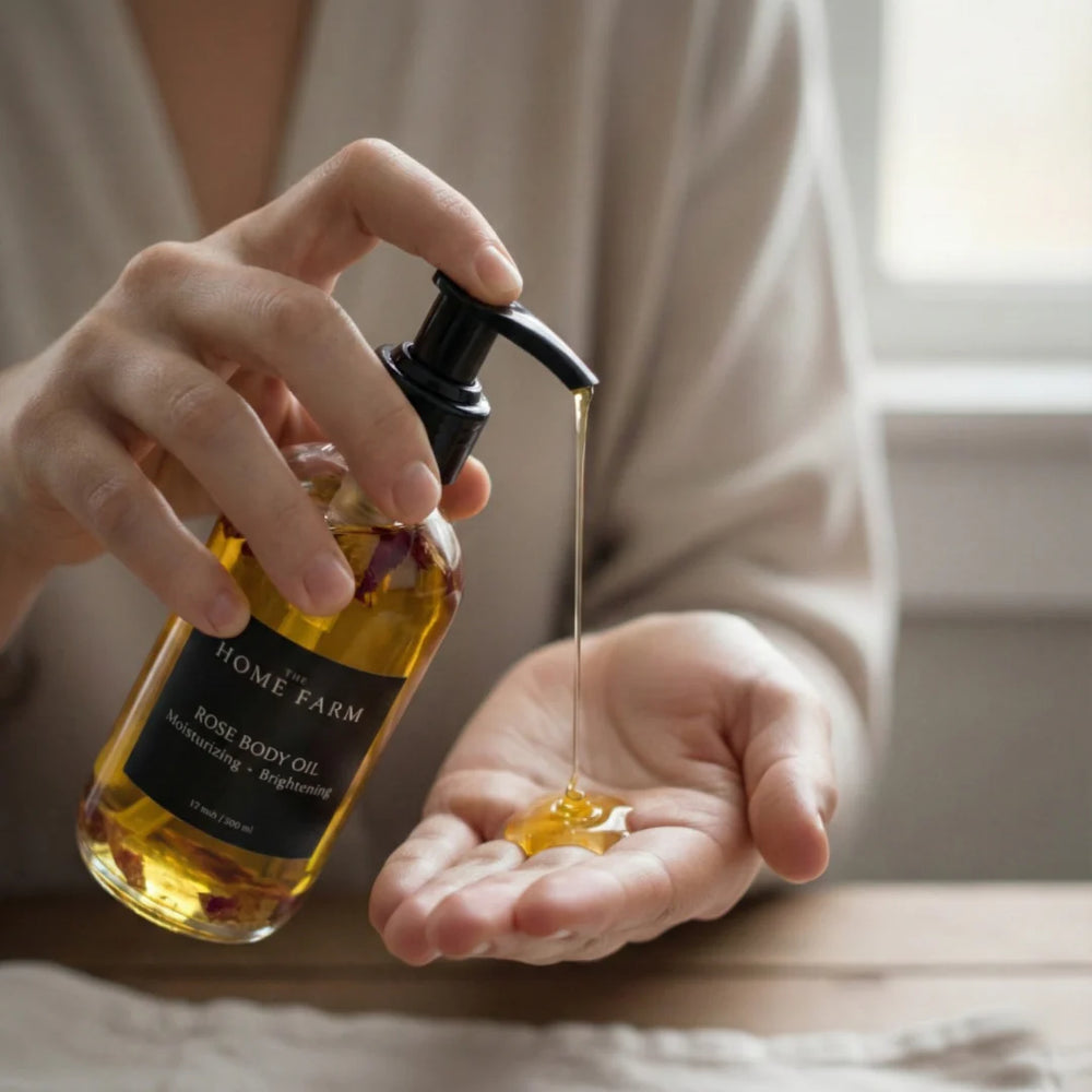 Organic rose body oil in a glass bottle with a dropper, fresh roses around it.