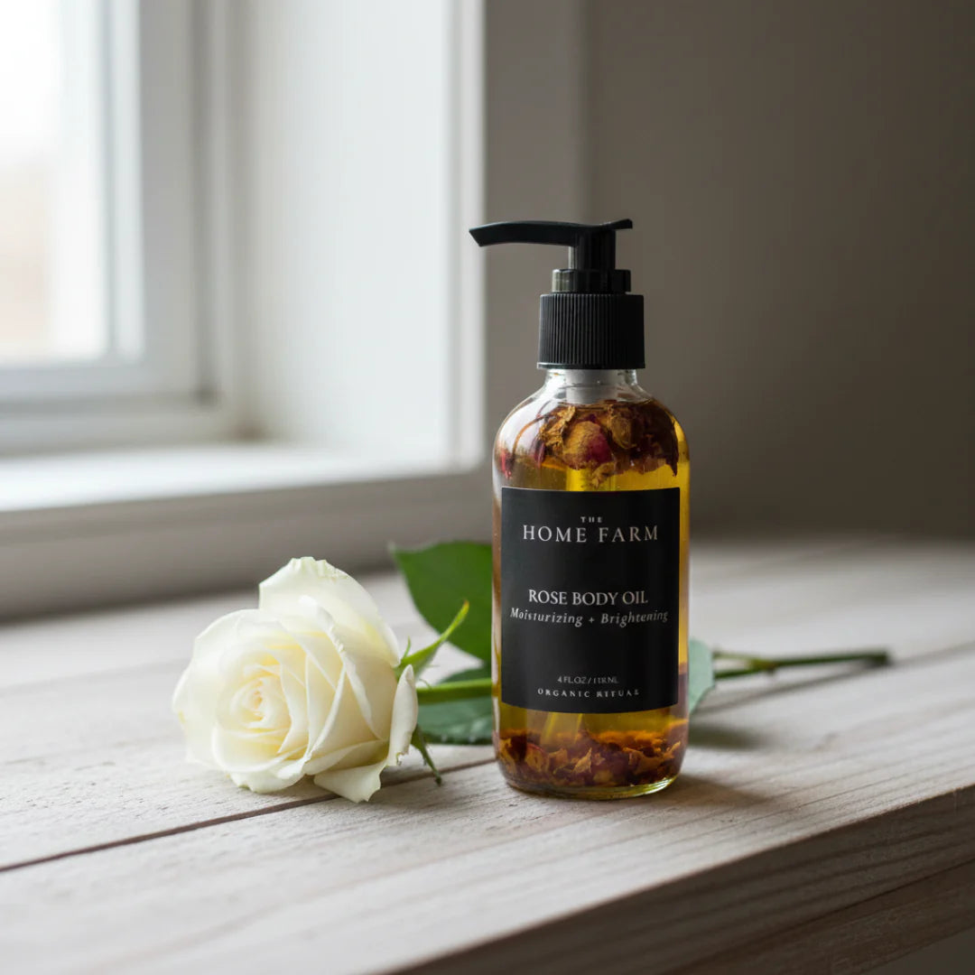 Organic rose body oil in a glass bottle with rose petals and natural oil.