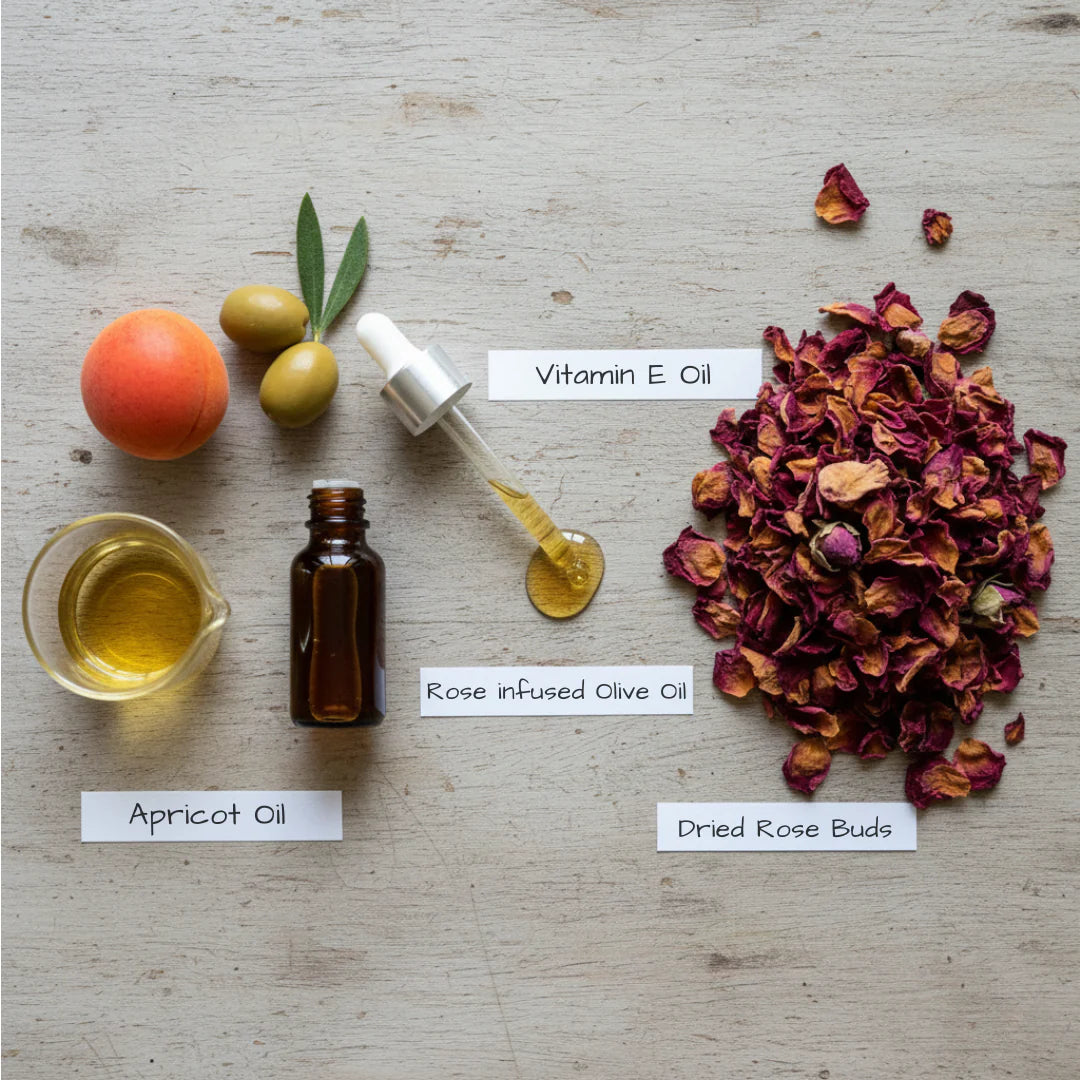 Organic rose body oil in a glass bottle with a dropper.