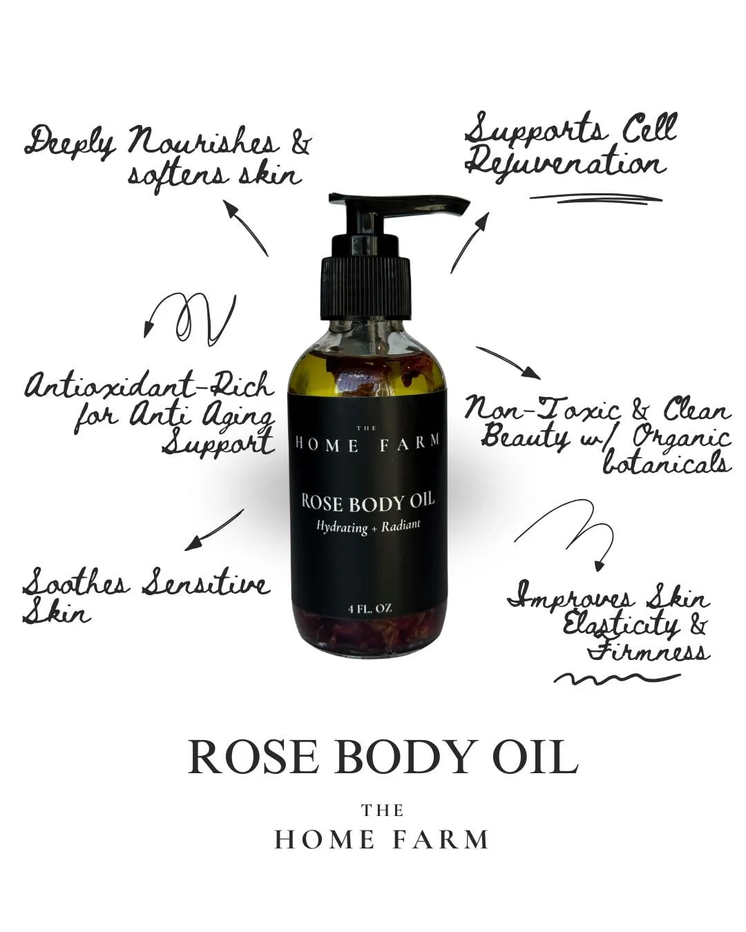Organic rose body oil in a glass bottle with a dropper and fresh roses.