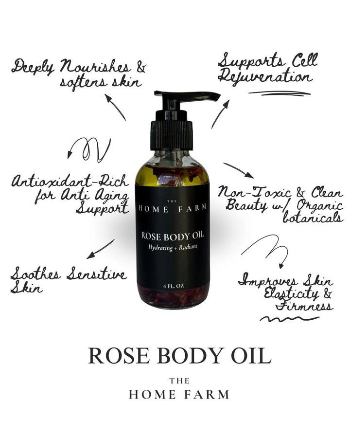 Organic rose body oil in a glass bottle with a dropper and fresh roses.
