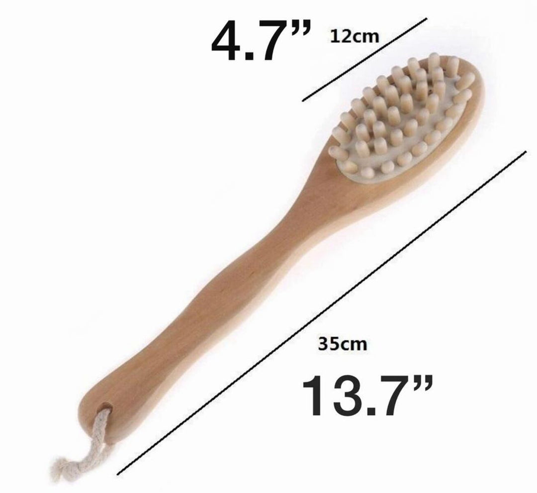 Natural boar bristle bath brush with long handle, featuring a wooden handle and soft bristles for gentle cleansing.