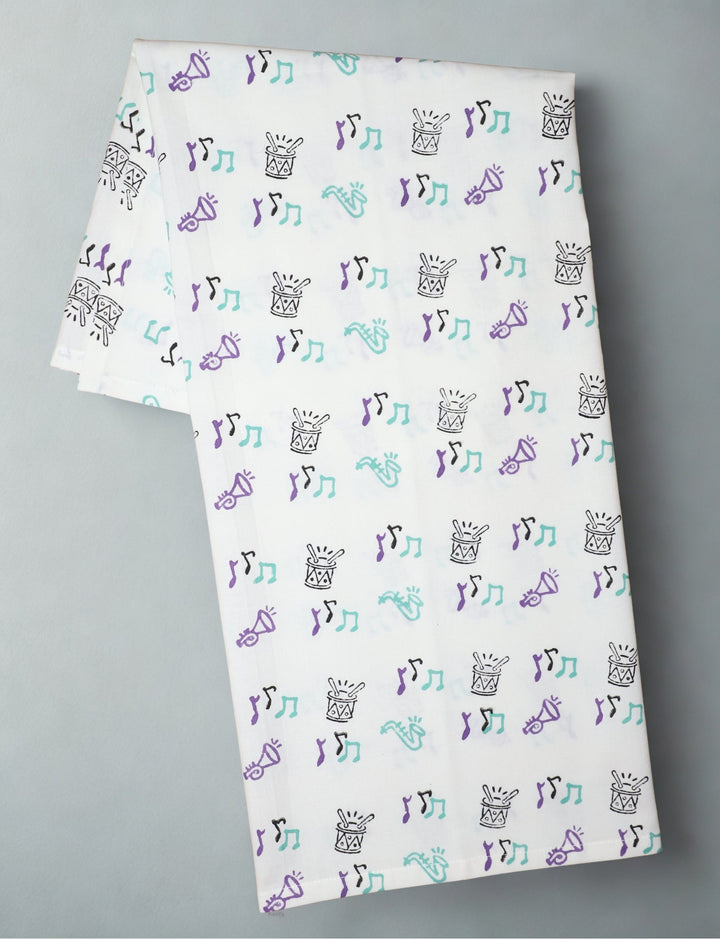 Second Line cotton tea towel, hand block printed in purple and teal.