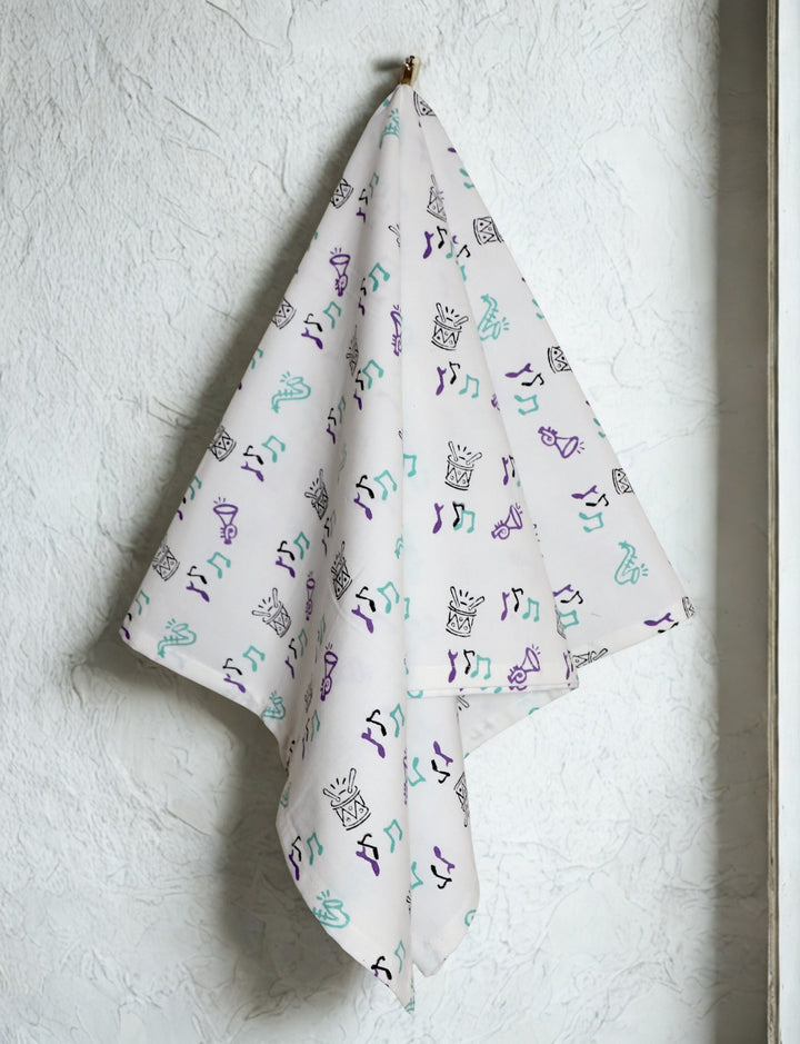 Second Line cotton tea towel with a hand block printed design.