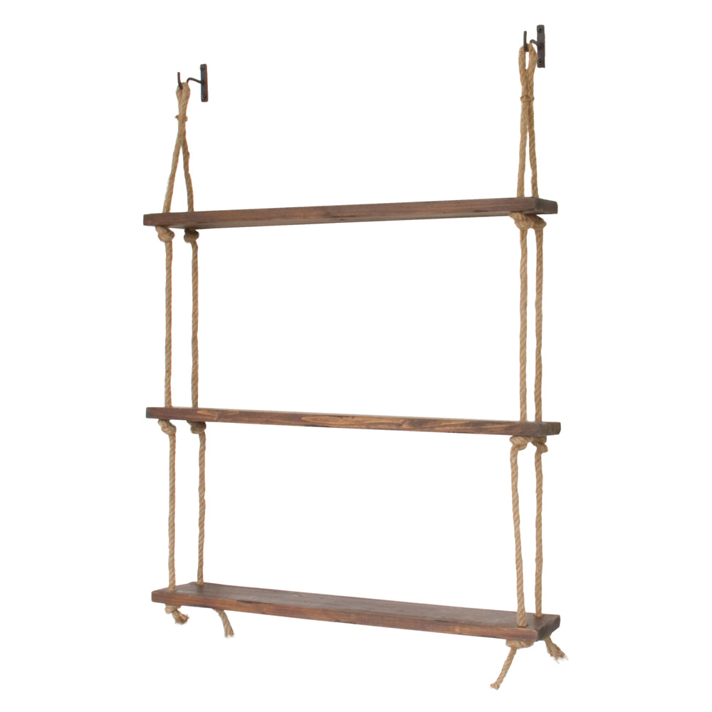 Handcrafted wood-and-rope wall shelf mounted on a wall with books and decorative items.