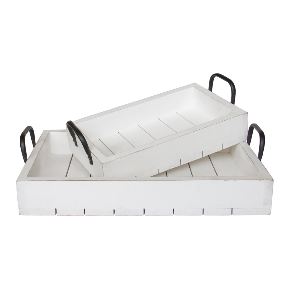 Set of two white-finished wood serving trays with handles, for serving and display.