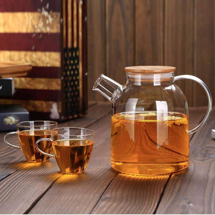 Large 54 oz glass teapot with a bamboo lid and clear, heat-resistant body.