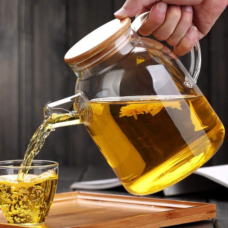 Large 54 oz glass teapot with a bamboo lid and clear, heat-resistant body.