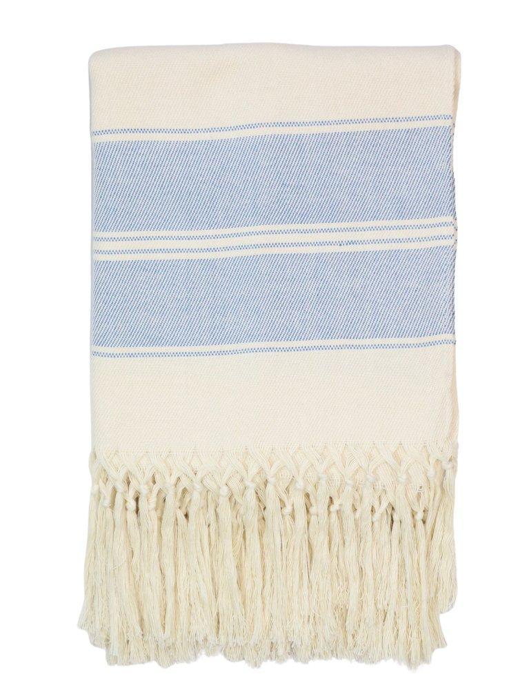 Handwoven cotton throw with blue stripes on an off-white base.