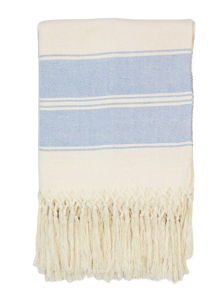 Handwoven cotton throw with blue stripes on an off-white base.