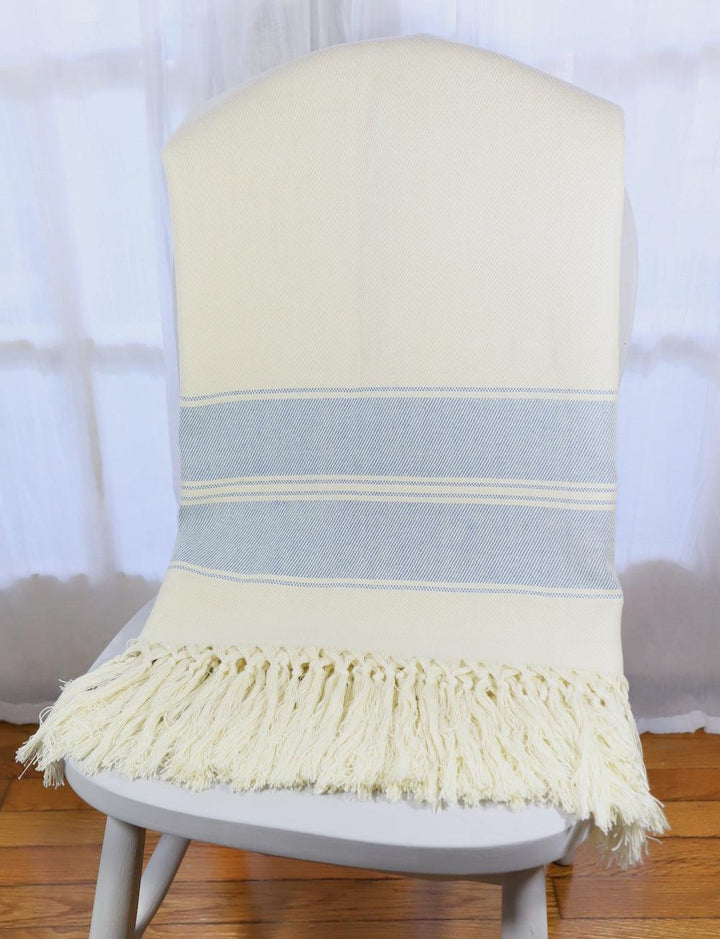 Handwoven cotton throw with blue stripes on an off-white base.