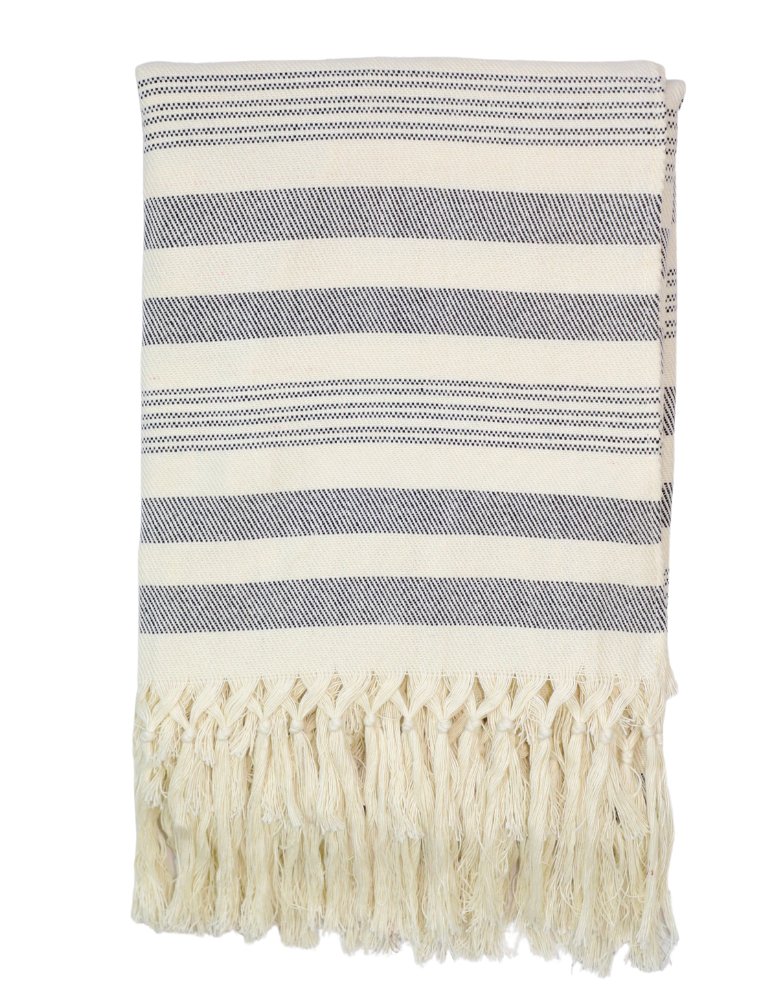 Handwoven cotton throw with charcoal stripes on an off-white base.