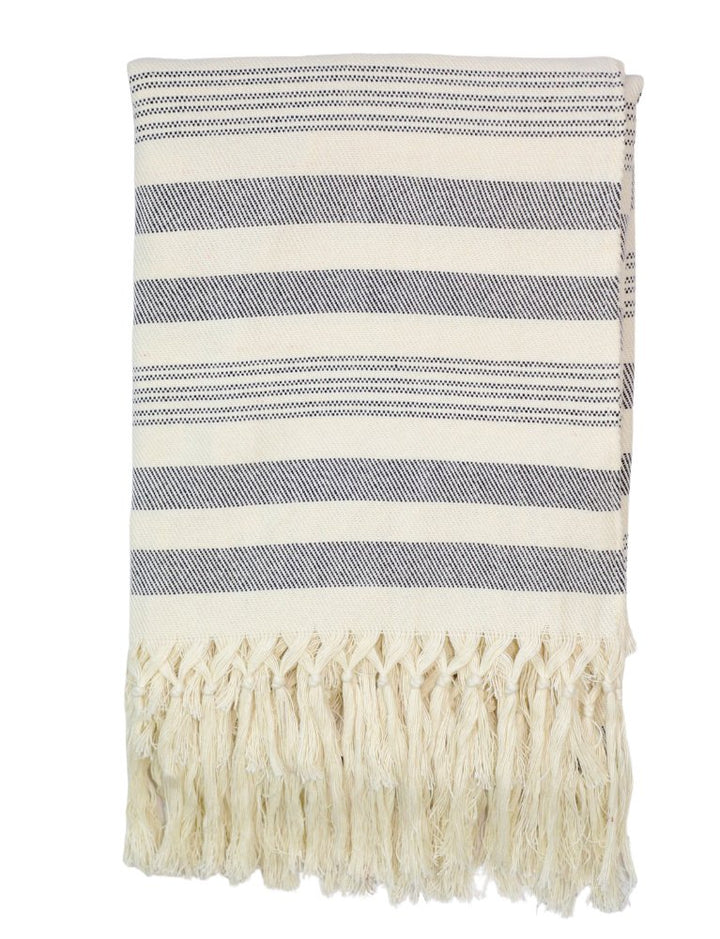 Handwoven cotton throw with charcoal stripes on an off-white base.