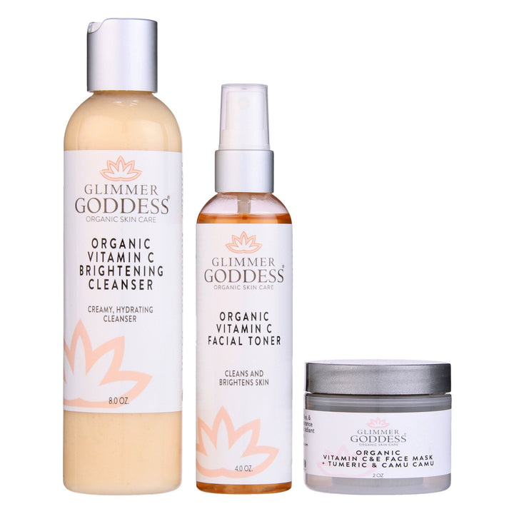 Organic vitamin C brightening kit with three skincare steps.
