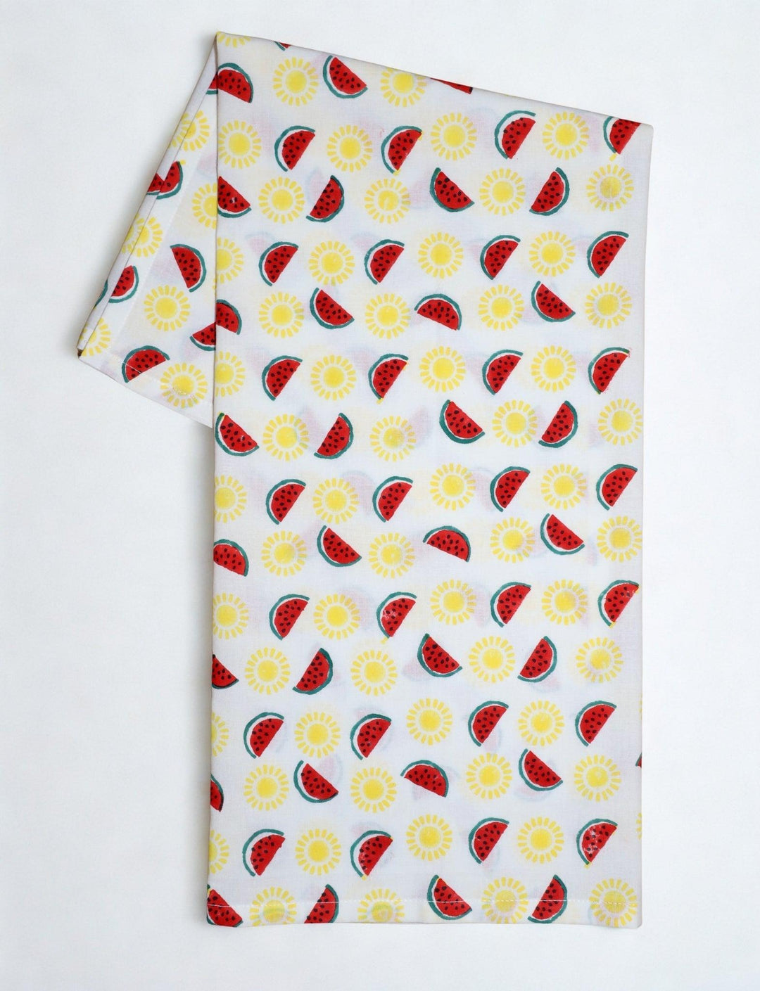 Watermelon and sun cotton tea towel with a hand block printed design.