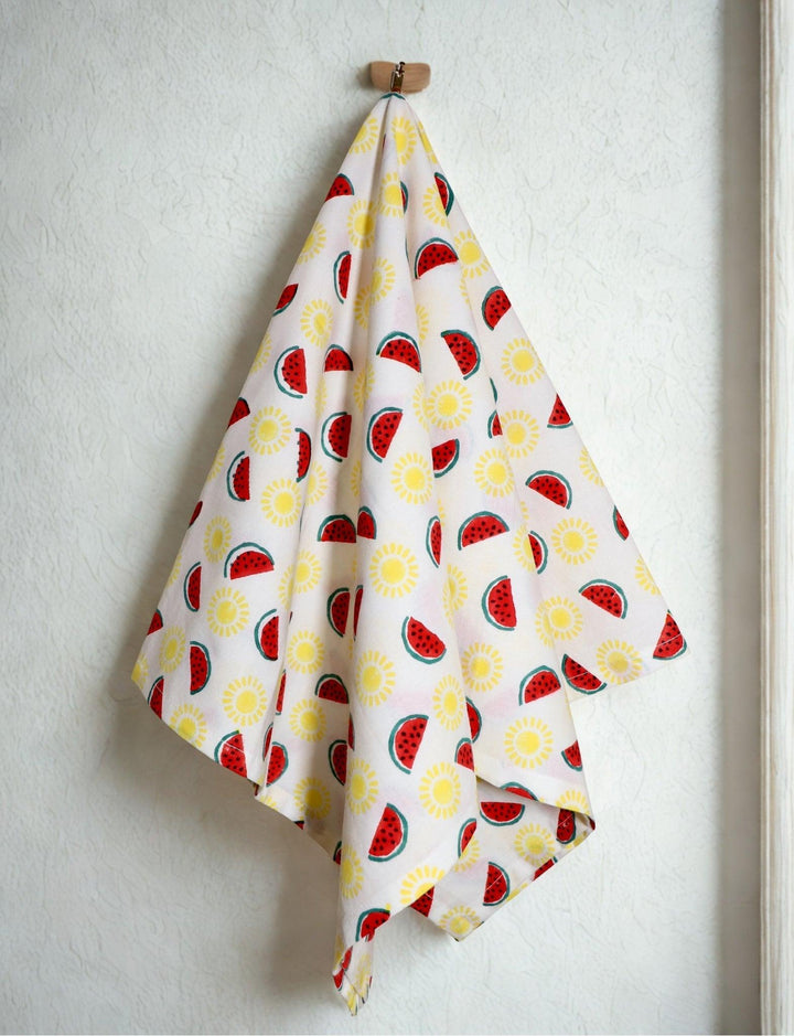 Watermelon and sun cotton tea towel, hand block printed.