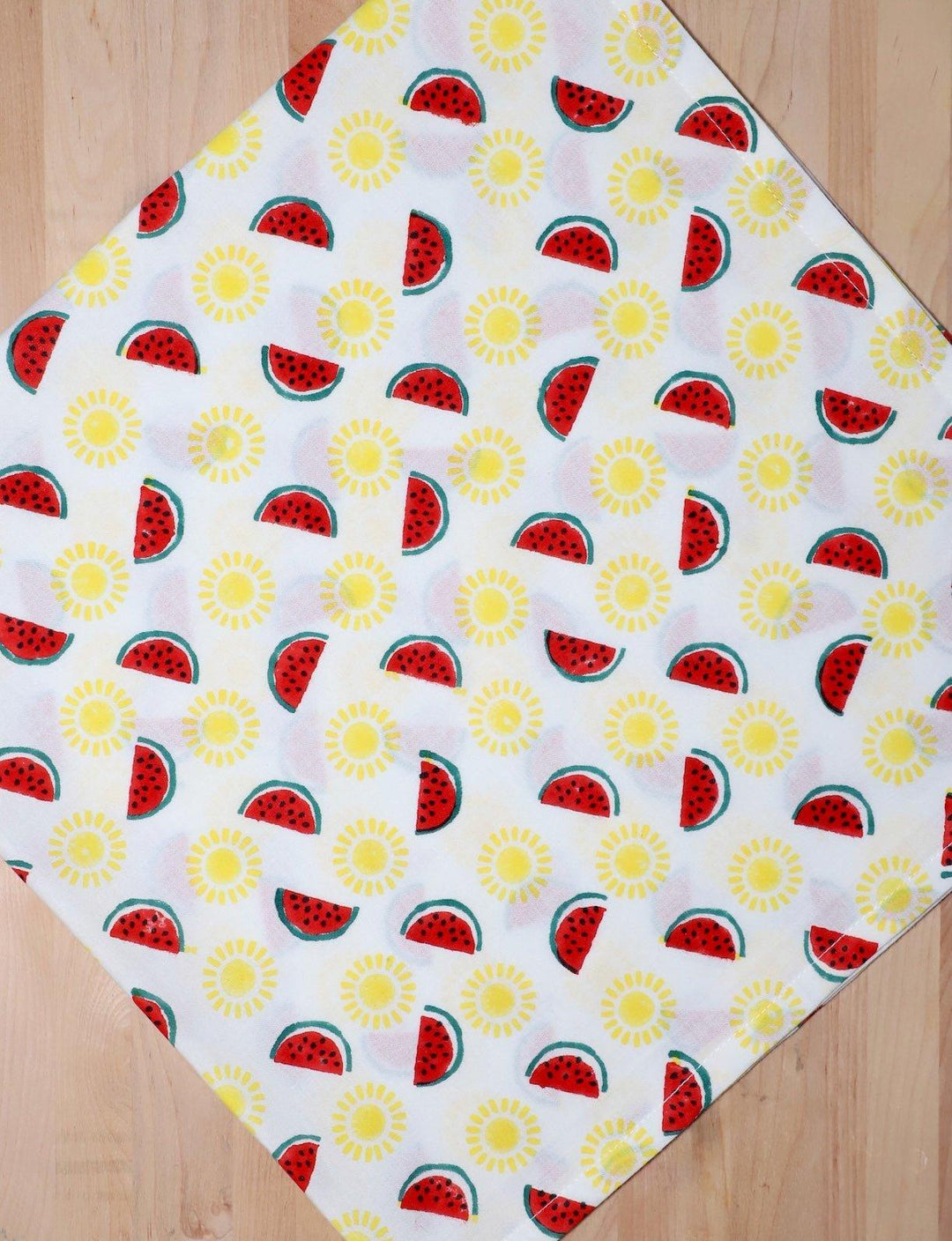 Watermelon and sun cotton tea towel with a hand block printed design.