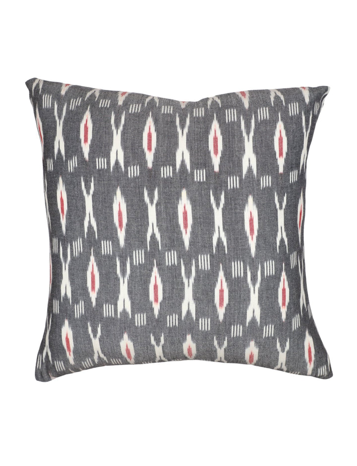Grey and red XO ikat cotton throw pillow cover with a geometric design.