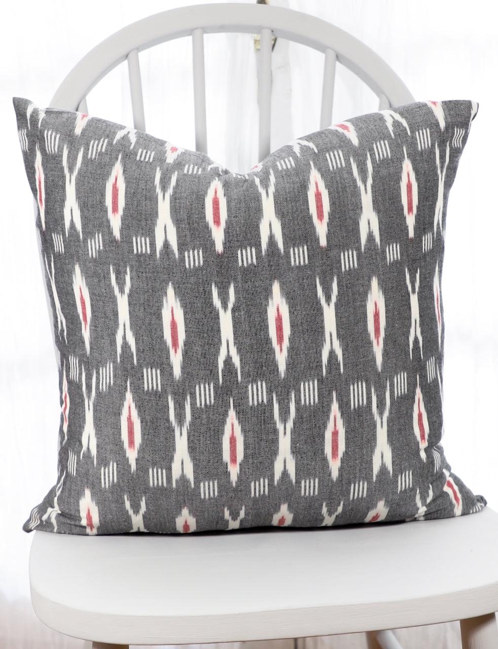 Grey and red XO ikat cotton throw pillow cover.