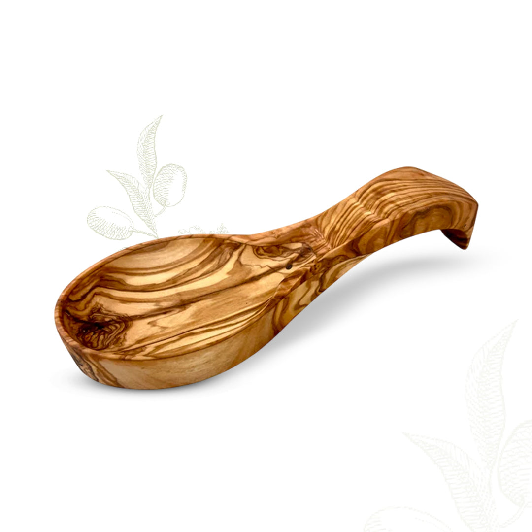 Olive wood spoon rest with a handcrafted Mediterranean design, smooth finish, and natural wood grain.