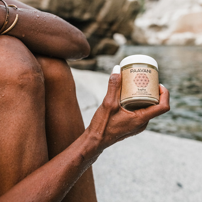 Kapha cleanser and mask with French green clay in a jar.